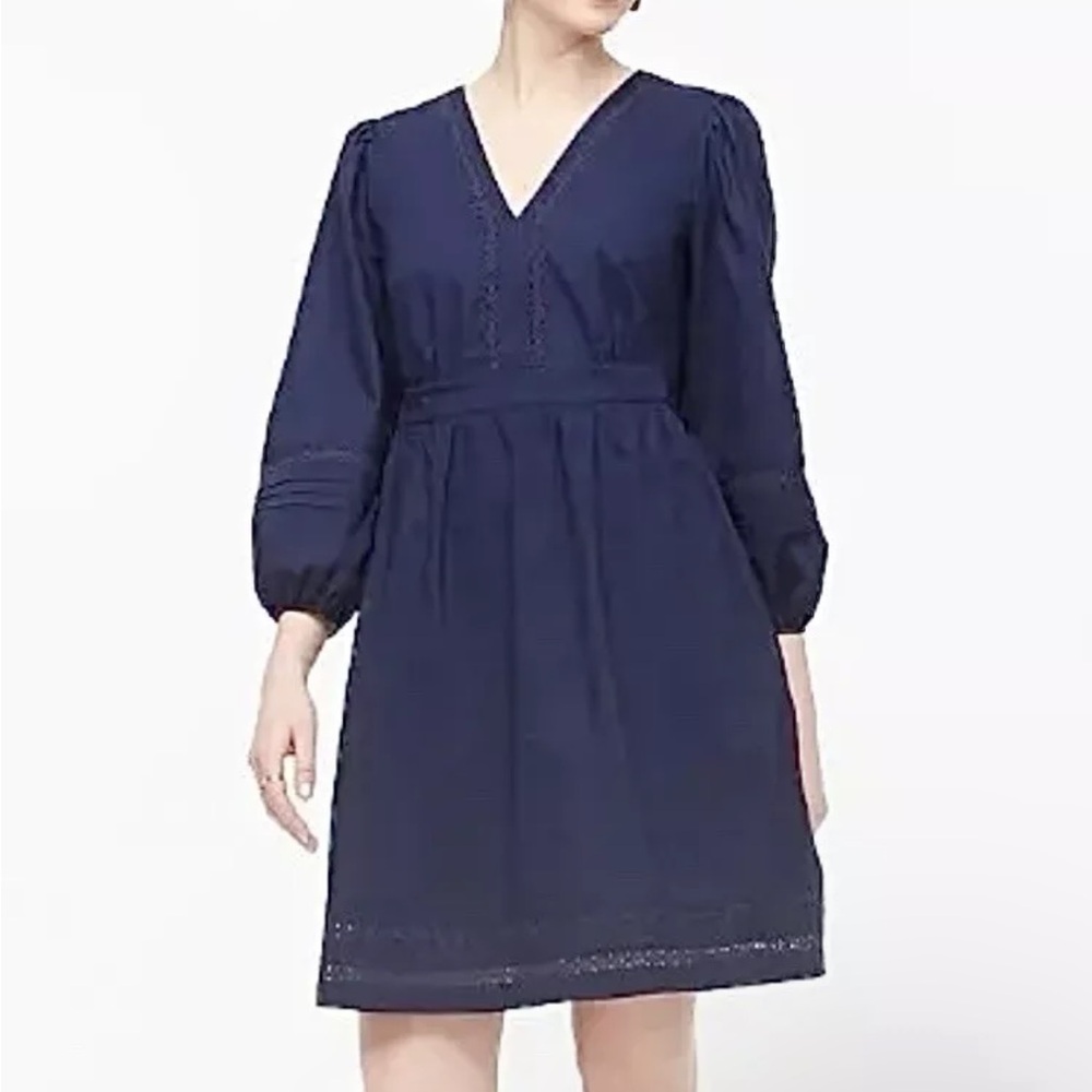 J Crew Navy Peplum Prairie Eyelet 3/4 Sleeve Mini Dress Nautical Coastal Beach